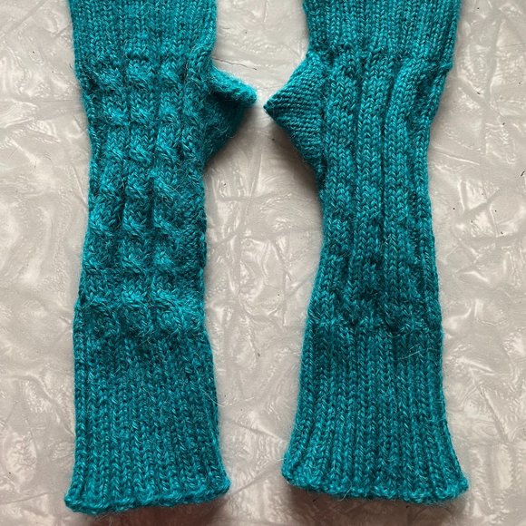 Hand knitted fingerless gloves arm warmers turquoise - Picture 2 of 4